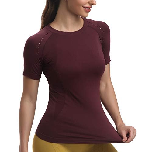 RUNNING GIRL Seamless Workout Shirts for Women，Short Sleeve T-Shirt Stretch Tees Quick Dry Gym Athletic Tops Small Dark Plum