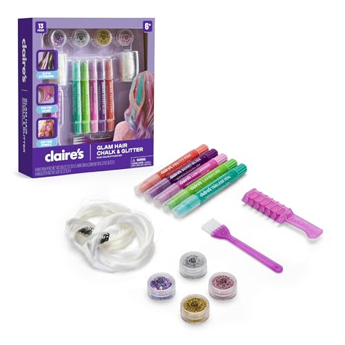 Claire's Hair Chalk & Glitter Styling Kit, 13-Piece Temporary Hair Color Set with Washable Chalk Pens, Glitter Gels, Clip-in Extensions & Tools, Girl Toys & Beauty Activity, Fashion Craft Gift Ages 6+