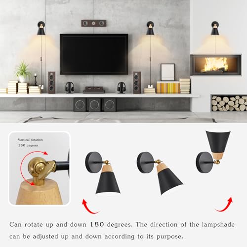 Image of Wall Sconce Set of 2, Wall Sconce with Metal Shade, Plug Switch, Indoor Decor Wall Mount Swing Arm Lamp for Bedroom,Hallway,Living Room,Reading, Black