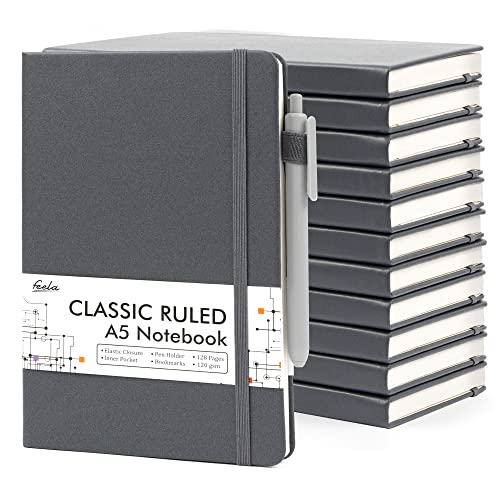 12 Pack Notebooks Journals Bulk with 12 Black Pens, Feela A5 Hardcover Notebook Classic Ruled Journal Set with Pen Holder for School Business Work Travel Writing, 120 GSM, 5.1”x8.3”, Gray