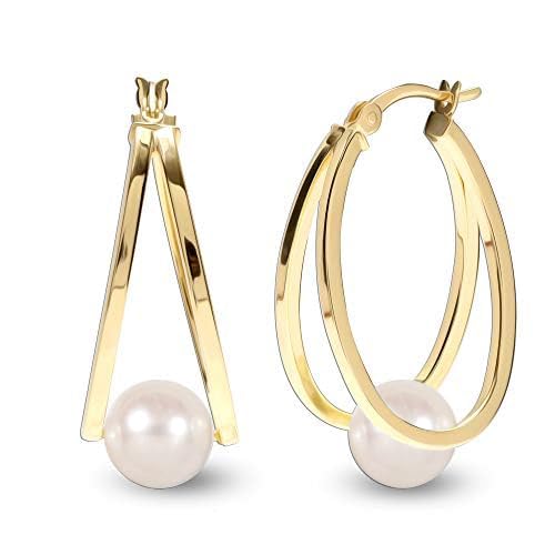 LeCalla 925 Sterling Sliver Pearl Hoop Earrings for Women | Pearl Double Oval Hoop Earrings Jewelry | Available in Rose Gold, Gold & Silver Plated Finish