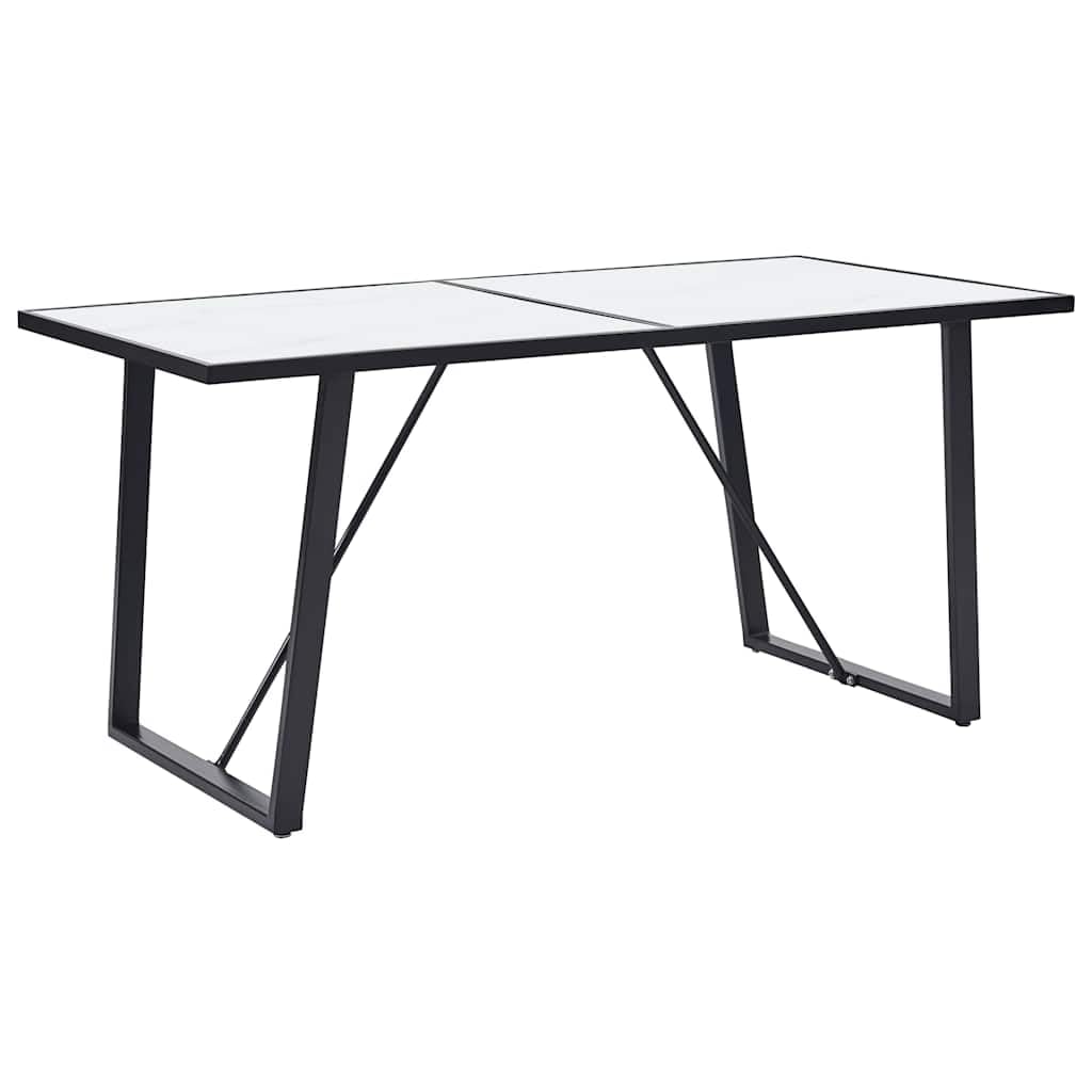 Table à manger blanche avec motif marbre - 160 x 80 x 75 cm - Verre trempé - Structure en métal revêtu par pulvérisation - Table de cuisine moderne - Table à manger rectangulaire peu