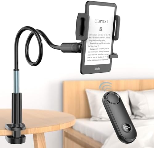 PlusAcc Gooseneck Stand Holder with Remote Page Turner for Kindle Reading in Bed, Hands-Free Lazy Arm Stand Bedside Desk, Adjustable Bed Holder Mount for Kindle Accessories, Kobo, eReaders