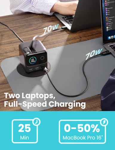 Image of WISTAR 5-in-1 USB C Charging Station, 140W Ultra-Fast 5-Port Desktop Charger with Dual Retractable 100W USB-C Cables (2.6ft), 1.54 inch Smart LCD Power Display for MacBook, iPhone, Home & Office
