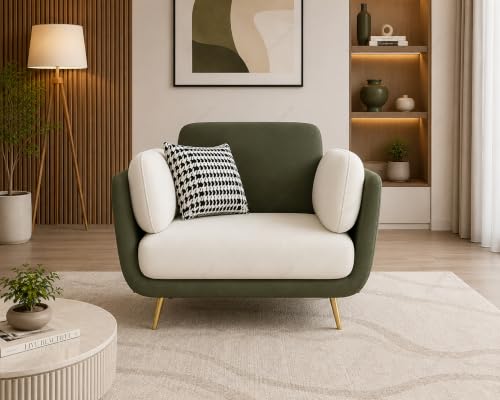 Image of Luxurious 1-Seater Sofa with Premium Velvet Finish - Dual Color, High-Density Foam, Solid Wood Frame, Sturdy Golden Legs, Modern Living Room Sofa (Beige & Green)