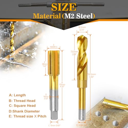 Image of M20x1.5 Tap and 18.5mm Drill Bit Kit, M2 HSS Metric Drill and Tap Set, Combination of Drill and Tap Kit for Metal