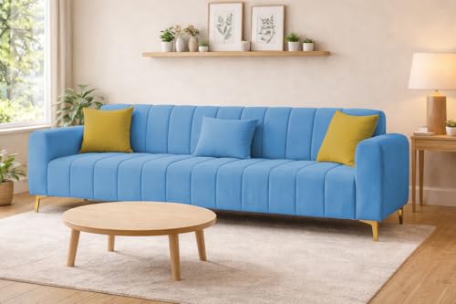 Image of Casaliving Velour Modern Velvet Sofa, Tufted Design Upholstered 3 Seater Sofa Set for Living Room, (Turquise Colour) Premium Velvet Fabric Sofa