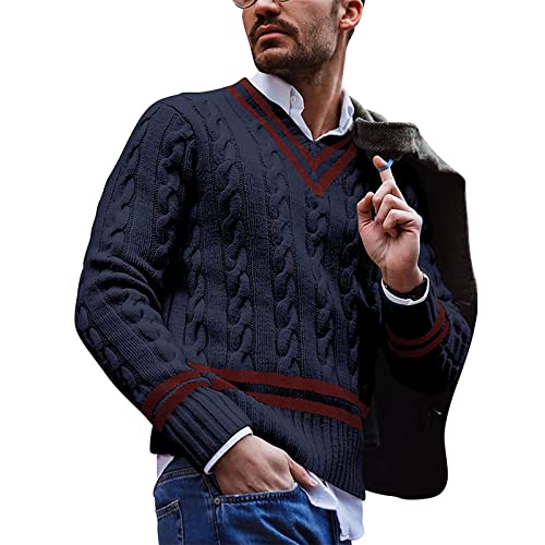 College Sweater Mens Fall Plus Size Pullover Classic Long Sleeve Comfort Colorblock Button Fitted Vneck Polyester Pullover Gents Navy #TOP3