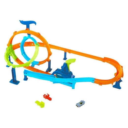 Hot Wheels Stunt Tracks - Mega Ciclone, pista con 2 giri della morte e 2 zone di scontro, con veicolo incluso e collegabile con sistema Speed Snap, 4+ anni, JHK73