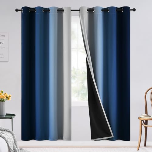 Image of SimpleHome 100% Blackout Ombre Bedroom Curtains Blue and Greyish White,72L | Room Darkening Curtains,Thermal Insulated Grommet Window Drapes and Curtains for Living Room,2 Panels, 52x72 inches Length