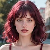 PHOENIXFLY Burgundy Wavy Wigs With Bangs Short Bob Wavy Wigs for Women Curly Synthetic Cosplay Wig for Girls Daily Use Colorful Wig(14 Inch) (Burgundy)