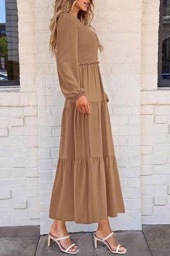 Image of PRETTYGARDEN Fall Dresses for Women 2025 Casual Long Sleeve V Neck Smocked A Line Long Flowy Wedding Guest Dress