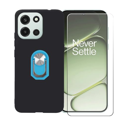 GYDQQKJ Funda para OnePlus Turbo 6 5G (6.78') + Protector de Pantalla Protectora Vidrio Cristal Film Templado, Negro Suave TPU Silicona Cover Carcasa Caso Case (Azul Anillo Soporte)