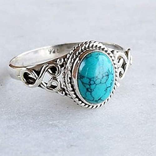 Miniatura 2 de Turquoise Moonstone Ring Women's 925 Sterling Silver Ring Oval Cut Natural Bohemia Turquoise Jewelry Birthday Proposal Hollow Engagement Party Band