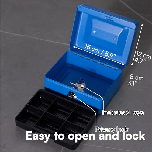 Image of H&S Lockable Cash Box with Key - Black Cash Box in Small with 2 Keys - for Notes with Coin Compartment for Money Storage - Money Box Cash Box with Lock - Blue