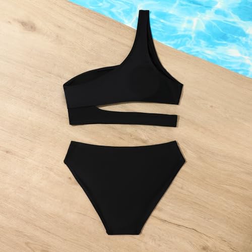 Little Girls Plain One Shoulder 2 Piece Swimsuit Kids High Waist Bikini Modest Matching Bathing Suit3