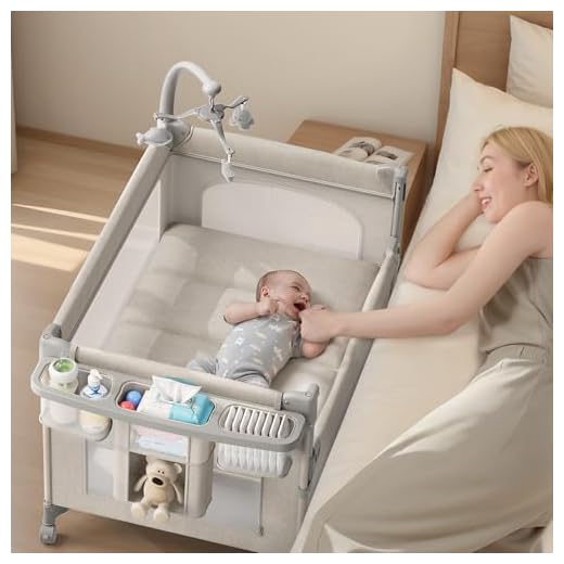 TinyGlow 4 in 1 Baby Bassinet, Pack and Play, Bedside Crib Sleeper, Diaper Changer, Quickly Assembled and Folded Portable Crib with Mattress and Mosquito Net, Easy to Carry