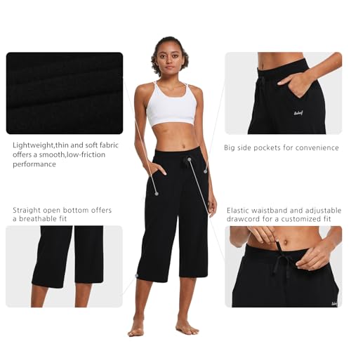 baleaf Women's Wide Leg Capris Yoga Cotton Crop Pockets Summer Capri Sweatpants Loose Lounge Casual Workout Pants3
