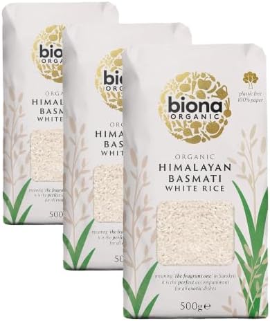 Biona Organic Himalayan Basmati Rice 500g - Long Grain White Rice - Ideal for Stir Frys, Salads & Currys - Non GMO, Vegan - Plastic Free, Recyclable Packaging (Pack of 3)