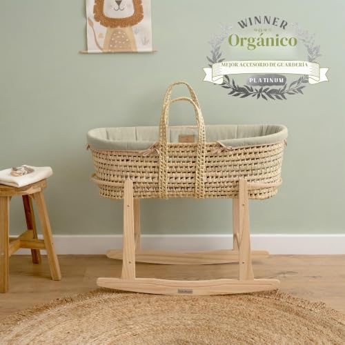 Miniatura 6 de Clair De Lune Moisés Orgánico Palm Con Soporte Mecedor Natural, Galardonado Moisés Para Bebé, 75 X 28 Cm Verde Salvia
