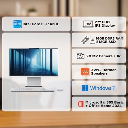 Image of Lenovo IdeaCentre AIO Intel Core i5-13420H 27 inch FHD IPS (16GB RAM /512GB SSD /Win11 /Microsoft 365 Basic + Office Home 2024 /3Wx2 Harman /Wireless EOS Keyboard & Mouse,Grey), F0HM013KIN All-in-One Desktop