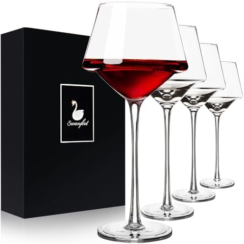 Swanfort Red Wine Glasses Set of 4，Hand Blown Crystal Wine Glasses with Stem, Unique Design Long Stem Wine Glass with Box for All Purpose 14.5 OZ