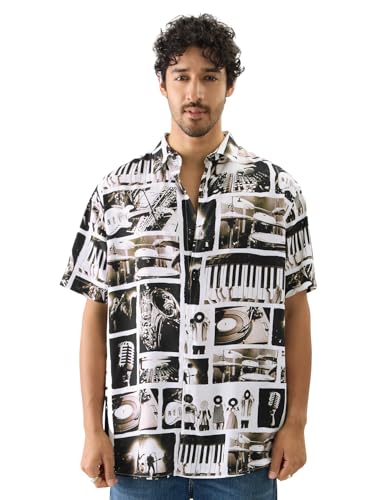 Image of The Souled Store On Beat Men and Boys Short Sleeve Collared Neck Buttoned Front Multicolor All Over Printed Polyester Blend Oversized Shirts