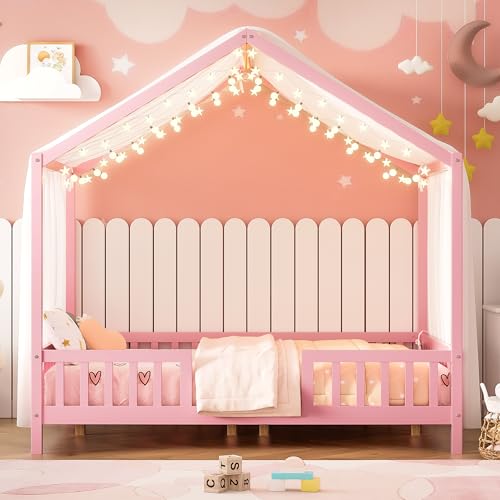 Image of Floor Bed with Canopy, High Railings and Roof, Full Size Wood House Bed Frame for Kids Bedroom (Pink /C)