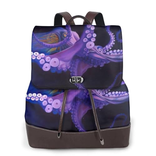 Sac à dos en cuir véritable noir à motif artistique pieuvre violette durable
