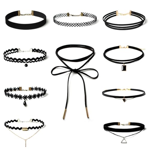 10 Stück Choker Kette Damen Set,Choker Halskette Schwarze,Samt Leder Halsband Velvet Collier Joker Kette,Gothic Classic Kropfband Tattoo,Spitze...
