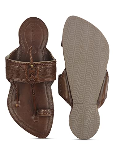 Image of KORAKARI Mens Handmade Kolhapuri Chappal Smooth and Comfortable, Stylish Durable Anti Slip Design Flip Flops Slippers Genuine Leather Traditional Indian Footwear.