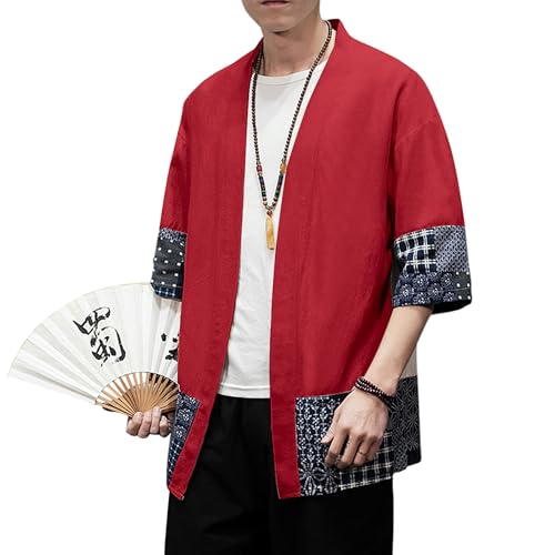 Image of PRIJOUHE Men's Kimono Jackets Cardigan Lightweight Casual Cotton Blends Linen Seven Sleeves Open Front Coat Outwear
