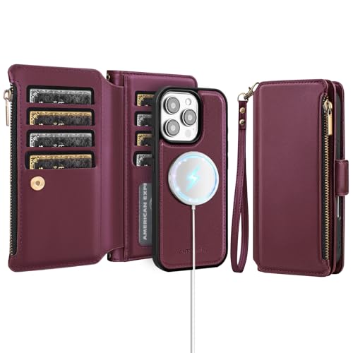 Antsturdy Compatible with Magsafe Magnetic 2 in 1 Detachable iPhone 16 Pro Max Wallet Case with Credit Card Holder Slots,PU Leather RFID Blocking Phone Cover Wrist Strap Zipper Women Men,Wine Red