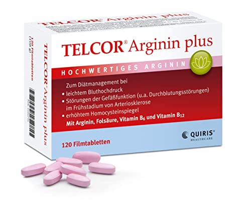 Telcor Arginin plus, 120 vegane Filmtabletten, bei leichtem Bluthochdruck und im Frühstadium von Arteriosklerose, mit Vitamin B6, B12 und Folsäure ergänzt, Qualität Made in Germany…