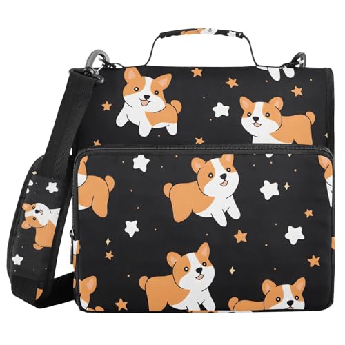 Image of 3 Ring Zipper Binder with Shoulder Strap Corgis Dog Star Black 1.5 inch Binders Keeper Large Capacity Multi Pockets for School Office Supplies