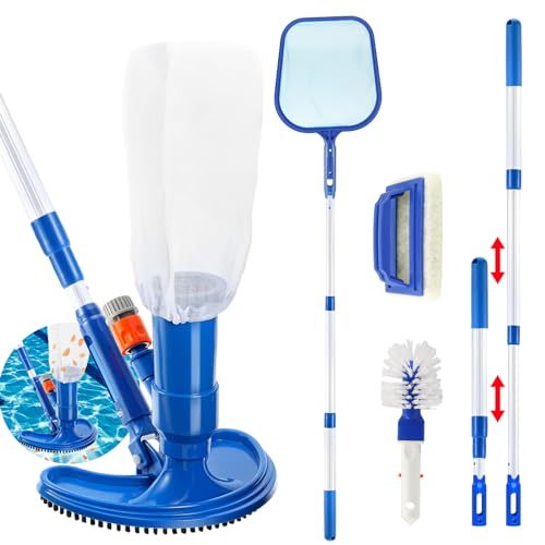Pool Bodensauger Set Tragbarer Jet Vacuum Head Pool Staubsauger mit Teleskopstange und Saugbürste Auffangsack Pool Reinigungsset mit Scheuerbürste und Skimmernetz für Blätter Schmutz Sand Schlamm