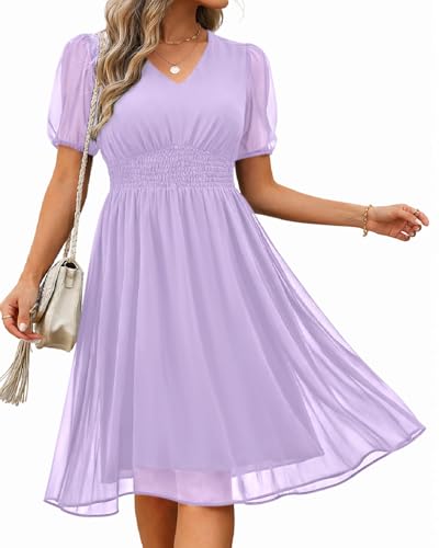 Image of Holipick Women Summer Casual Dress Wedding Guest V Neck Short Sleeves Smocked Waist Chiffon Swing Knee Length Midi Dresses