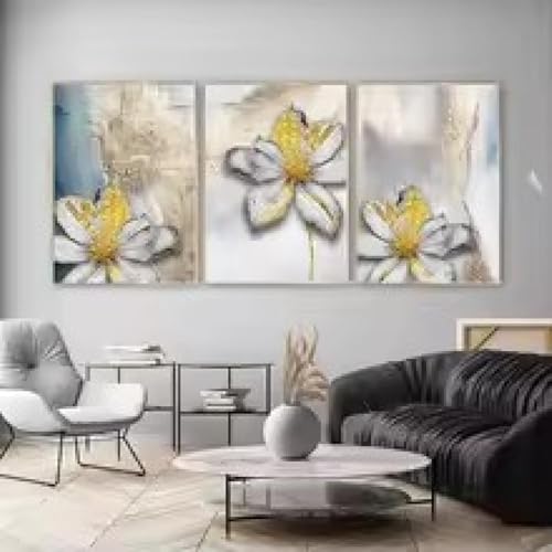 Affiche abstraite fleurs blanches lot de 3 toiles dorees 40x60cm pour salon