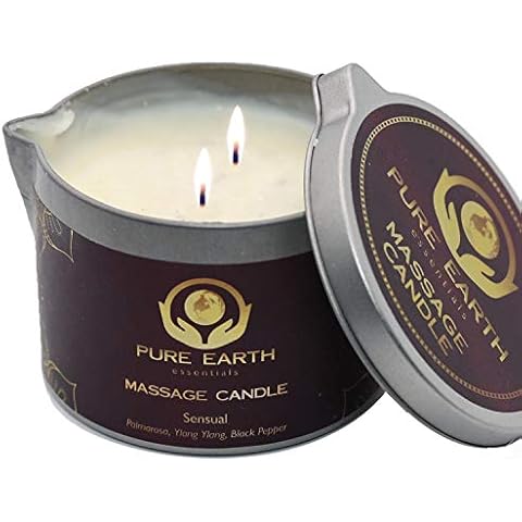 Sensual Massage Oil Candle - Moisturizing Vegan Body Massage Candles for Couples and Home Spa (160 Grams) - Massage Candle with Palmarosa, Ylang Ylang, Black Pepper - by Pure Earth Essentials Cover