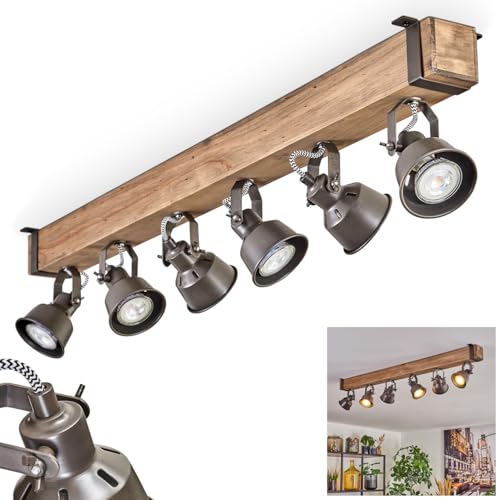HOFSTEIN Deckenleuchte Pehefito, 6-flammige Deckenlampe aus Metall/Holz in Grau/Natur, verstellbare Leuchte im Industrial/Retro/Vintage-Design mit Holzbalken, GU10, Esszimmer, Wohnzimmer, K&uuml;che, Flur