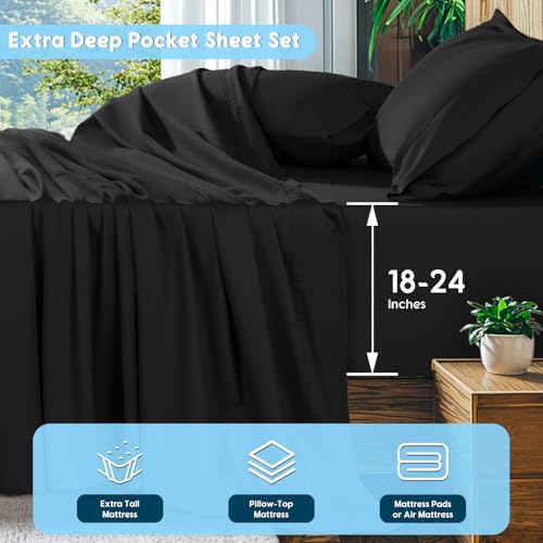Image of SONORO KATE 1000 Series 100% Egyptian Cotton King Sheets,Extra Deep Pocket | 18-24 Inch Extra Deep Pocket,Soft & Breathable,5-Star Hotel Sateen Bed Sheets,All Season,4pc,Black