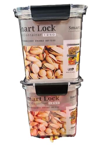 Image of Smart Lock Airtight Food Storage Containers, 1250 ml each, Pack of 2, BPA Free, Black, Microwave Safe, Unbrackable