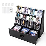 Emfogo Trading Display, 3-Tier Trading Storage with Custom Drawer, Wood Graded Display with Supporters and Dividers, Sports Display Case for Game Collection (Black)