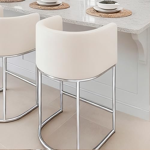 Image of HNY Modern Counter Height Linen Fabric Upholstered Counter Stool, 29 Inch Cream Kitchen Island Stool with Chrome Finish Metal Frame