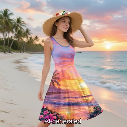 Image of Dreaweet Summer Dresses for Women A-Line Sleeveless Flowy Sun Dresses,Men's Casual Button-Down Shirts,Couple Matching Outfits