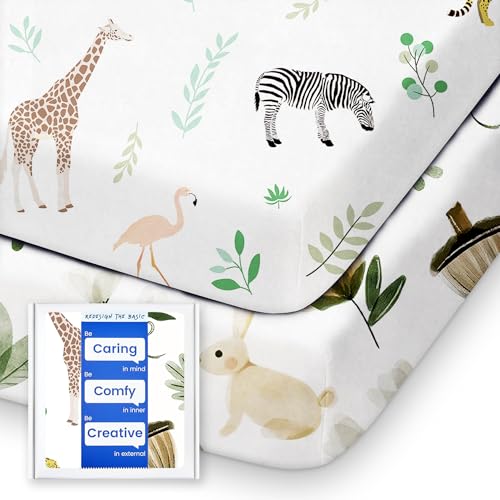 Image of Pack N Play Sheets Fitted, TotBasic Ultra Soft Mini Crib Sheets Safari, Premium Jersey Knit Pack and Play Sheets Neutral, Stretchy Play Yard Sheets for Pack and Play Mattress, 2 Pack (Rabbit Giraff)
