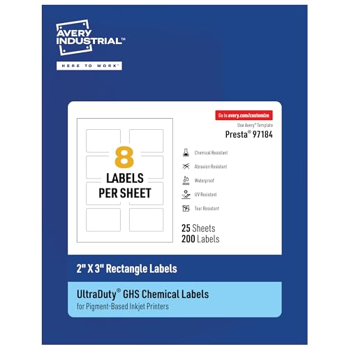 Avery® UltraDuty® GHS Labels, Waterproof, 2 X 3" White Rectangle Labels , 200 Total, Use with Pigment Inkjet Printers