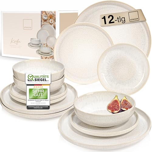 SÄNGER | Geschirrset Korfu 12 tlg für 4 Personen, Steingut Geschirr Handmade TEST SEHR GUT, Teller Set Ess- & Dessertteller Tiefe Teller Set Creme mit Sandiger Maserung | PREMIUM COLLECTION SÄNGER | Geschirrset Korfu 12 tlg für 4 Personen, Steingut Geschirr Handmade TEST SEHR GUT, Teller Set Ess- & Dessertteller Tiefe Teller Set Creme mit Sandiger Maserung | PREMIUM COLLECTION