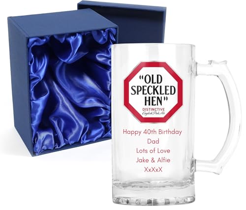 Personalised Old Speckled Hen Glass Pale Ale Beer Tankard with Handle, 0.8 Pint, 16oz Capacity, Custom Message Design, Gift Box Available (Print with Handle on Right, Silk Lined Gift Box)