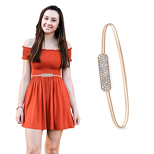 Trimming Shop (Rose Gold Stretch Waist Belt for Women, Crystal Diamante Encrusted Fashionable Buckle Extendable Waist Band, Metal Chain Waistband with Rhinestone Buckle for Jeans Pants, 30 Inches
